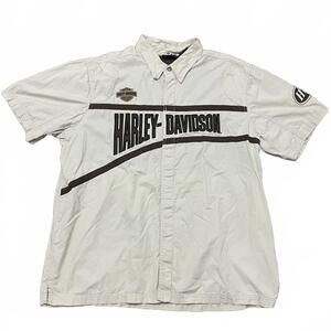 VTG Harley Davidson Men's Sz 2XL White Brown Button Up SS Shirt Front Logo